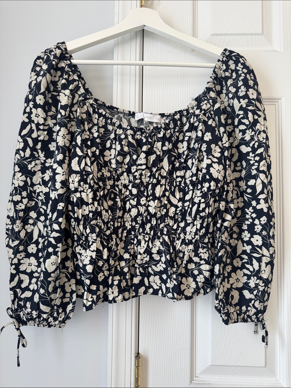 Mango Black Floral Smocked Peasant Blouse